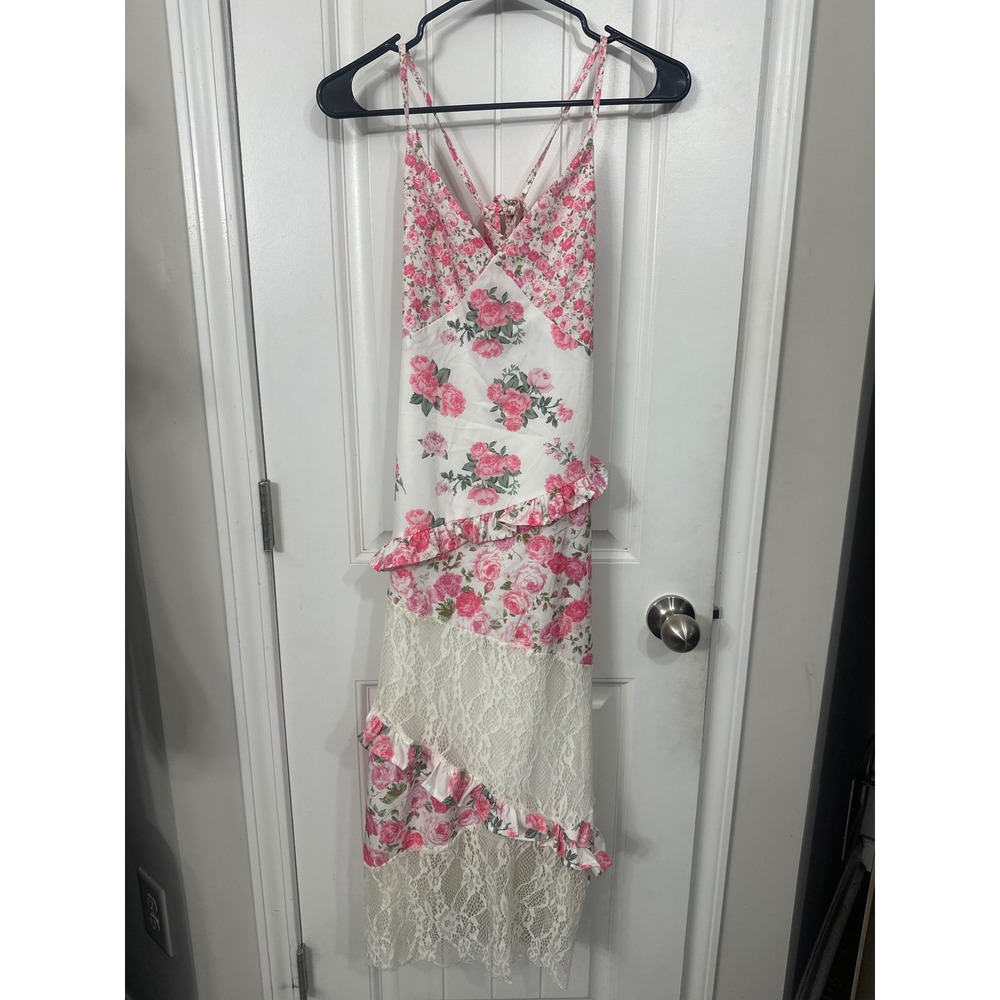 Pink Floral Lace Patchwork Ruffle Midi Dress Women Small Sleeveless Cottagecore